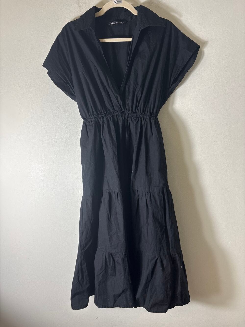 Zara Black Cap Sleeve Cotton Tiered Maxi Dress Sz M